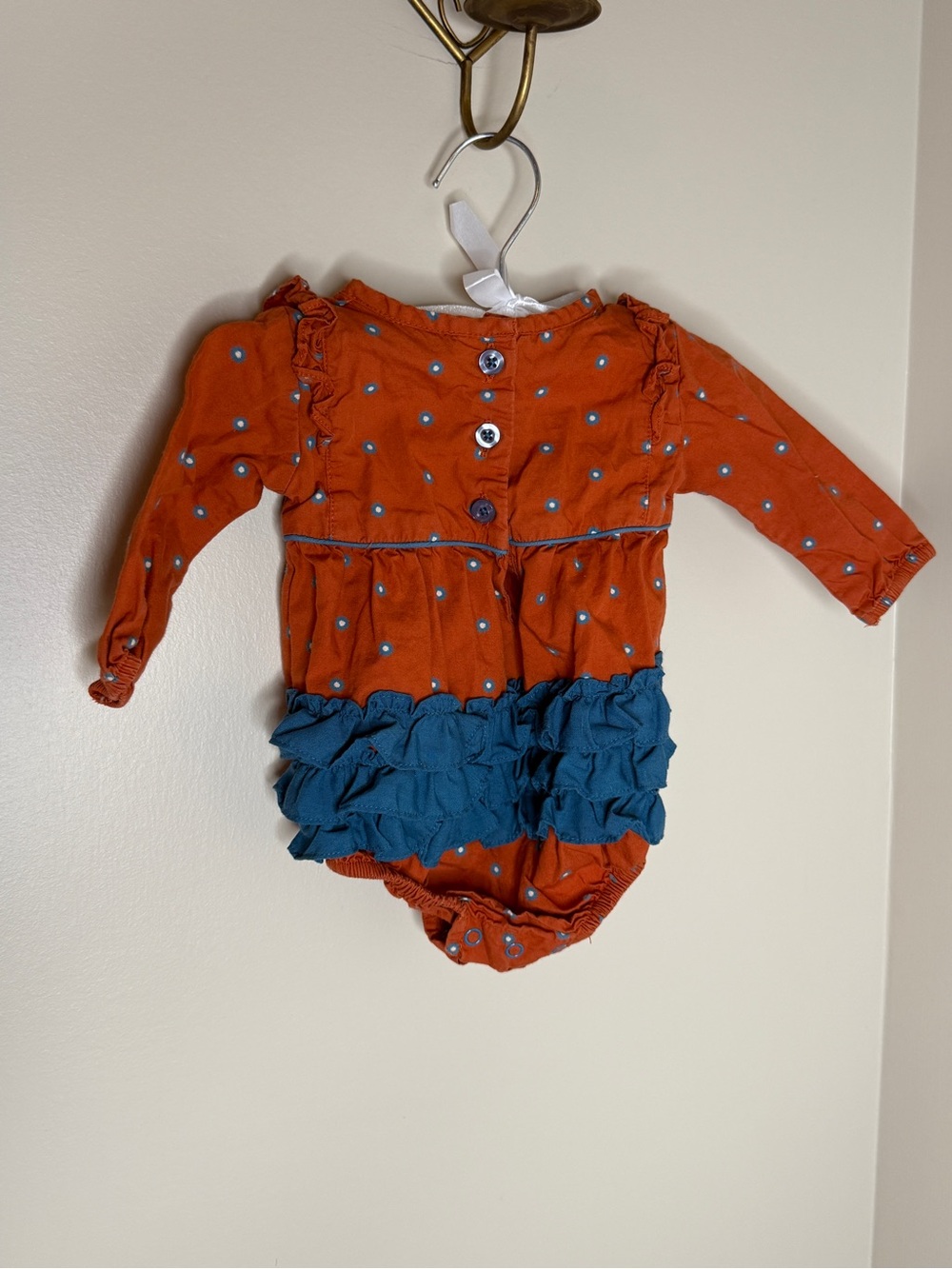 Ruffle Butts Rust One-Piece with Blue Dot Ruffles - Picture 2 of 3